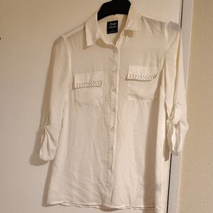 Kensie Studio White Button-Down Shirt with Studded Pocket Flaps